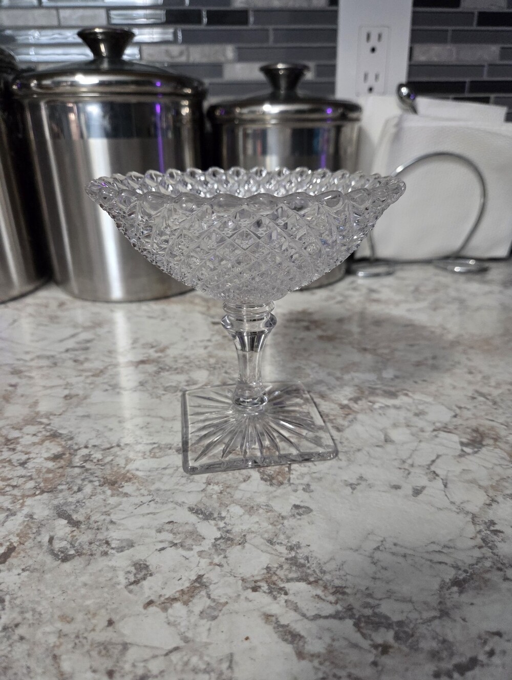 Vintage Clear Diamond Pattern Glass Pedestal Compote/Candy Dish 5in. Excellent